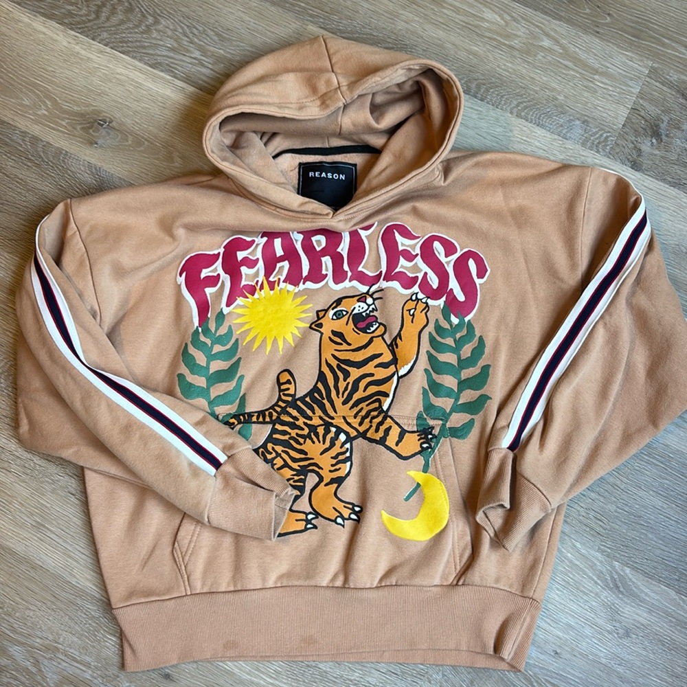 Reason Men's Khaki Fearless Tape Trip Graphic Print Tiger Hoodie Size medium